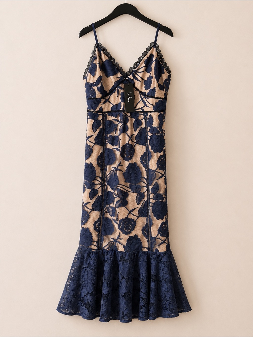 NWT Lulus Navy Blue Floral Embroidered Lace Mermaid Maxi Dress - Picture 1 of 2